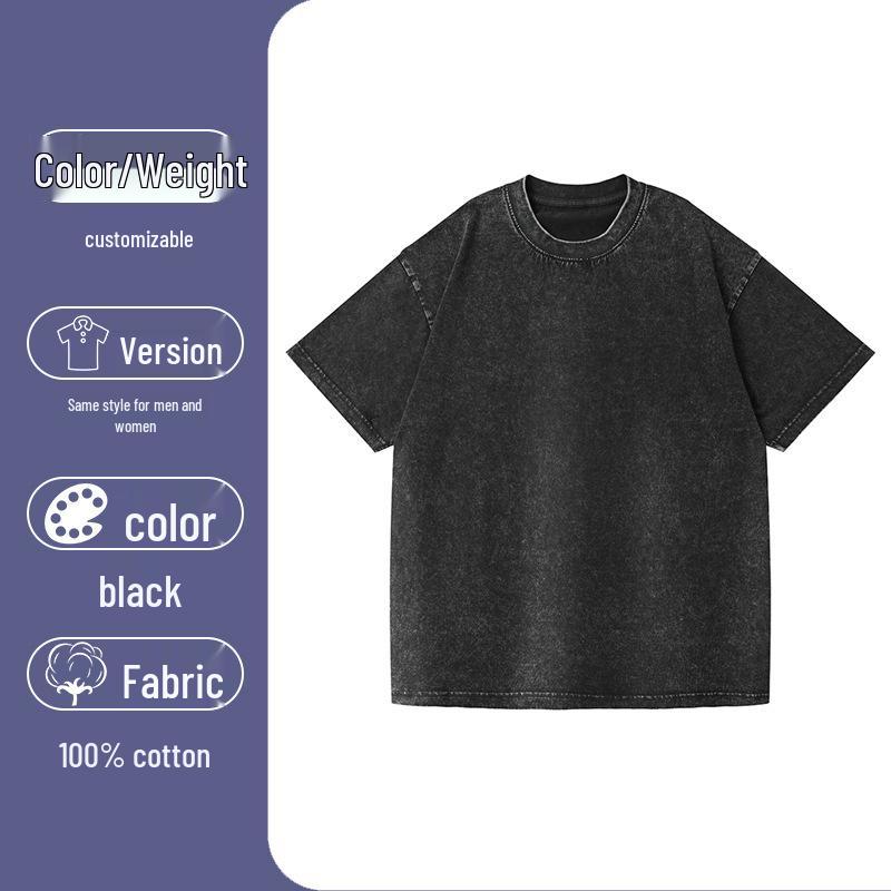 T-shirt Lavata Retrò Fiocco di Neve 230g, Stile Europeo e Americano, Puro Cotone, Vestibilità Larga Girocollo Pullover, T-shirt Uomo Pesante.