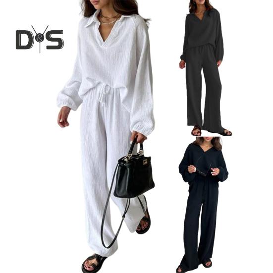 Dámský ležérní dvoudílný set volný ležérní top s dlouhým rukávem a šněrovacími kalhotami, dámský odnímatelný límec a společenský outfit