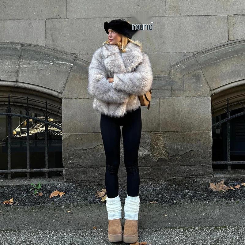Eco-Friendly Faux Fox Fur Lapel Coat - European & American Fashion, Winter 2025 Women's Style