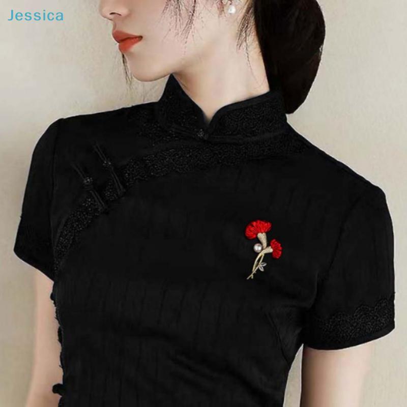 Red Flower Brooch with Pearl - Gold Plated Rhinestone Floral Pin for Women