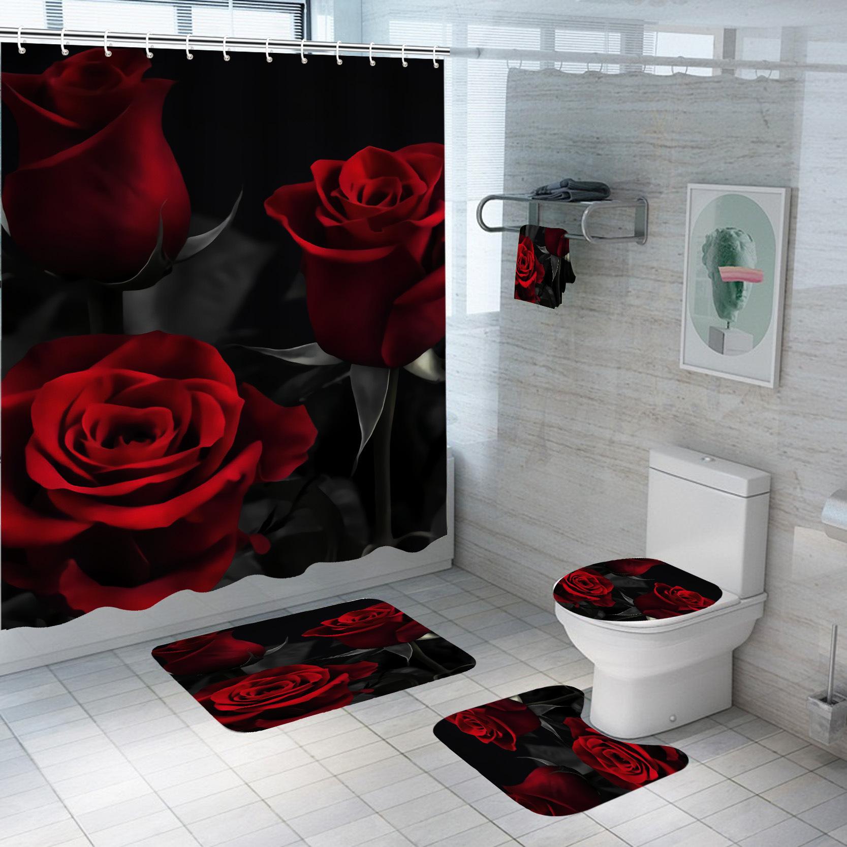 

3D Digital Printing Rose Bathroom Shower Curtain, Three-Piece Four-Piece Set Bath mat 75X44-U type step 45X37-cover 41X38