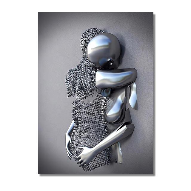 Love Couples Poster 3D Metal Figure Statue Canvas Painting Human Body Sculpture Wall Art Printing Picture for Home Room Decor