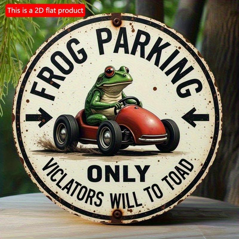 2d Flat 20*20cm Retro Style Circular Wooden Frog Parking Sign, Fantasy Cartoon Frog Driving Red Car Design, Wall Decor for Homes, Offices, Cafes, Bars