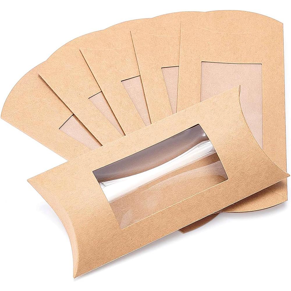 30pcs Kraft Paper Pillow Candy Box with Clear Window for Wedding Favors Baby Shower Birthday Party Supplies Sandy Brown 18.5x7.8x0.8cm