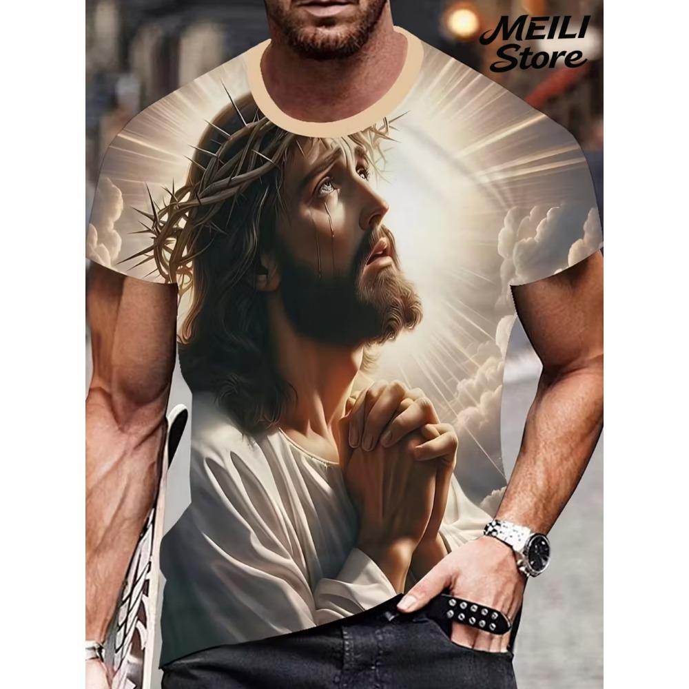 Herren 3D Jesus Druck T-Shirt Kurzarm Lässig Rundhals Betende Hände Design T-Shirt für Männer Neu im Oversized T-Shirt Oberteile