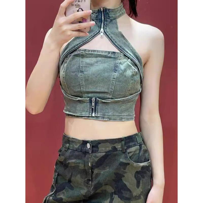Fall 2024 New Arrival American Sexy Denim Tube Top Vest Female Stylish Cut Out Zipper Halterneck Short Tops