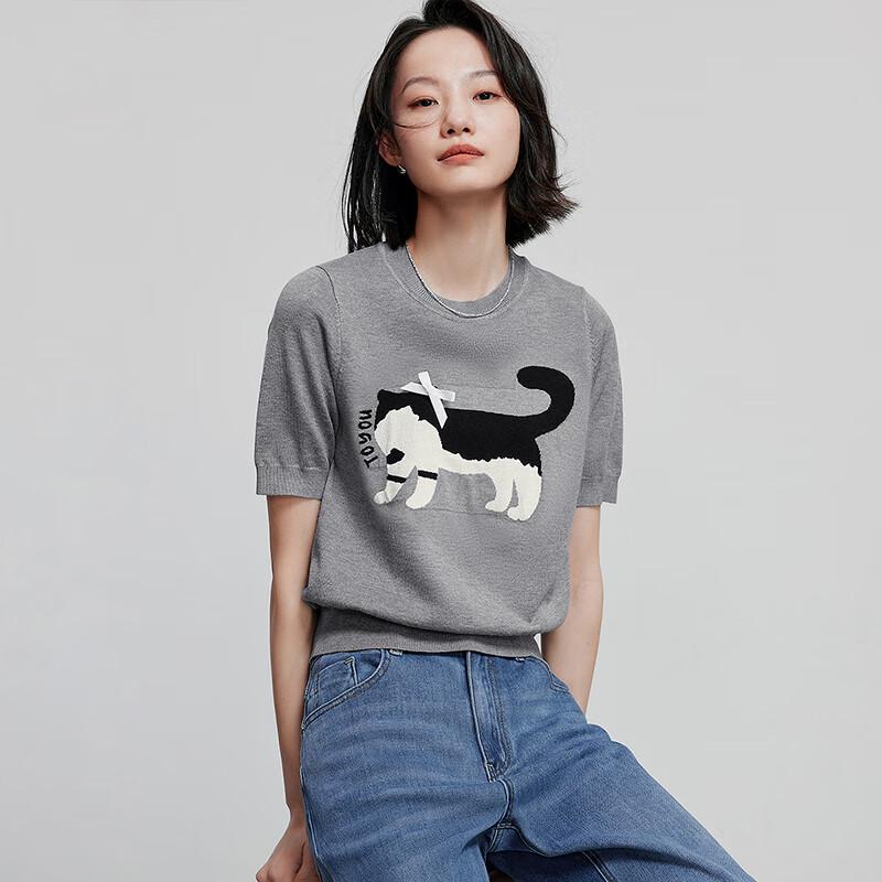Chuyu Damen Schleife Katze Jacquard Rundhals Kurzarm Stricktop