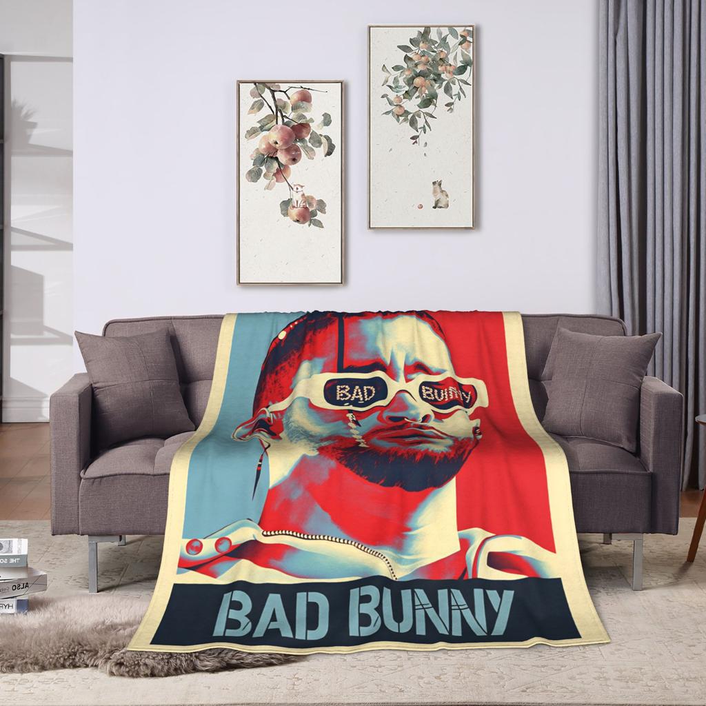 Bad Bunny Puerto Rican Rapper Portrait Soft Blanket Plush Bedding Throws Funny Couch Chair Flannel Bedspread Sofa Bed Cover