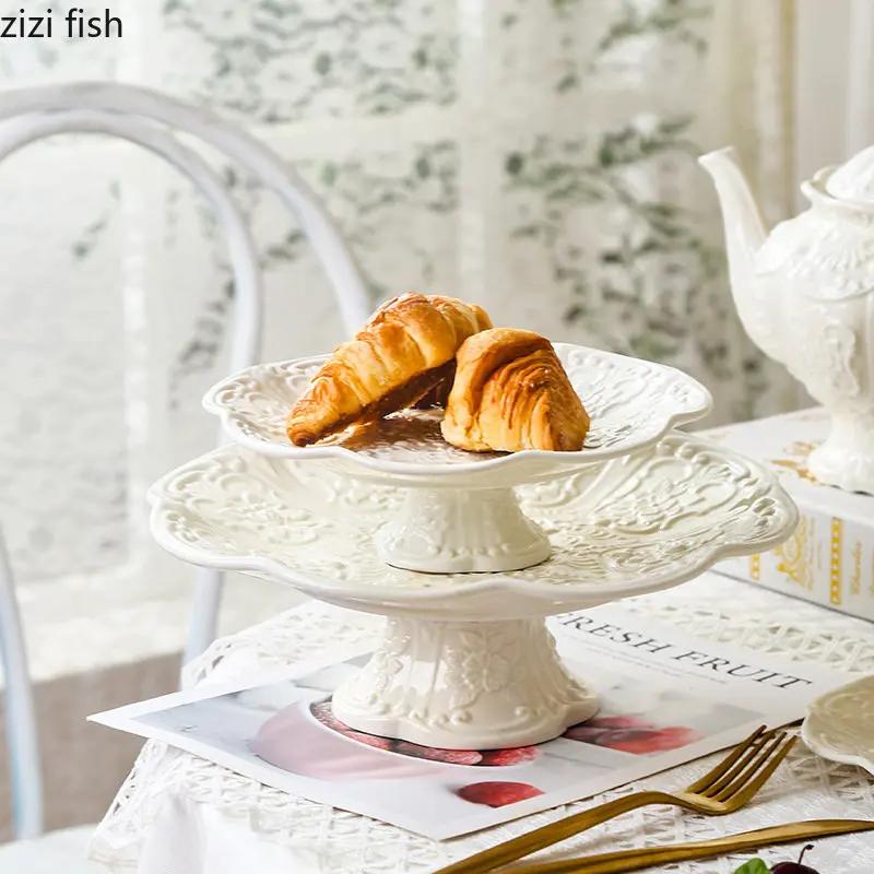 Ceramic Relief Teapot Afternoon Tea Cup Dish Set Household Dessert Plate Snack Plate High Leg Cake Plate Tea Set Household Goods