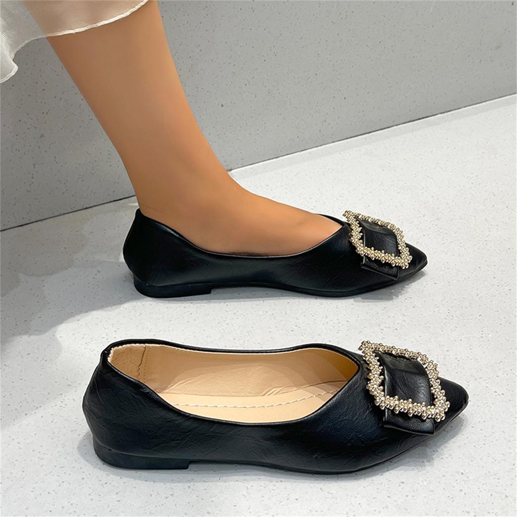 Classic Flats for Women Summer Casual Leather Slip On Pointed Toe Fashion Shoes for Women Solid Metal Decoration Casual Shoes