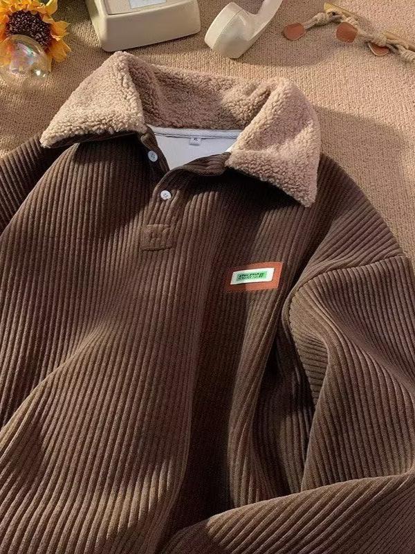 Men's Corduroy Polo Collar Sweatshirt, Autumn/Winter Style with Velvet and Lamb Wool, Hong Kong Fashion for Teens