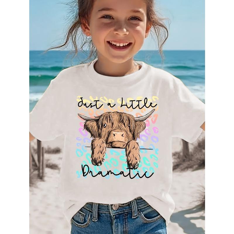 

European sizes Girls Cartoon Cow Letter Print Cute Comfortable Versatile Crew Neck T-Shirt 98cm белый