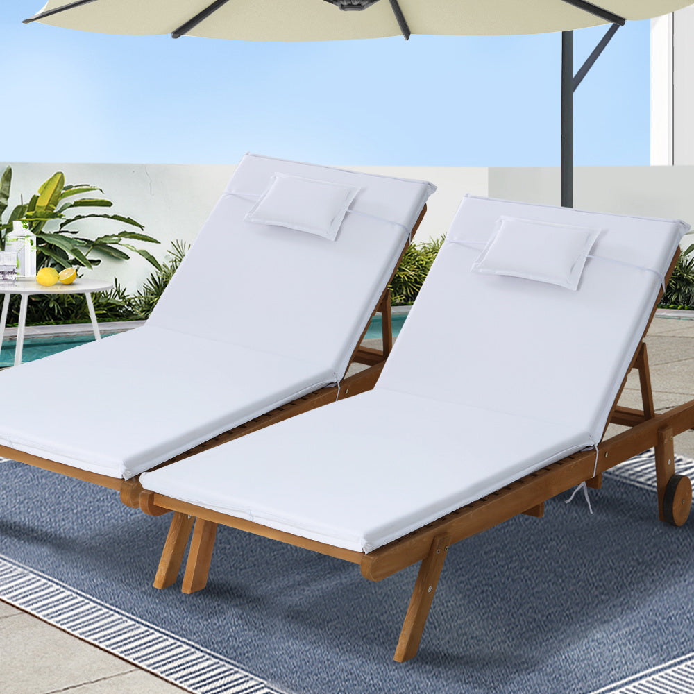 Loungers Gardeon 2 Piece Sun Lounge Wooden Lounger Outdoor Furniture Day Bed Wheel Patio White
