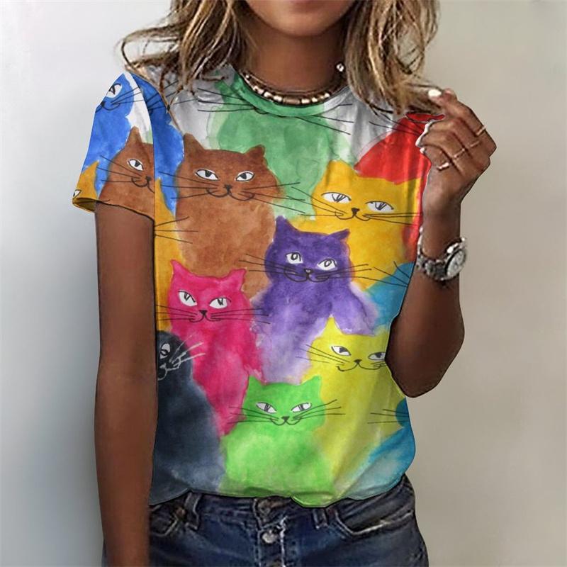 Funny Animal T Shirt Cute Cat Graphics 3D Print Women's Round Neck Short Sleeve T Shirts Harajuku Y2K Tops Female Tees Clothing