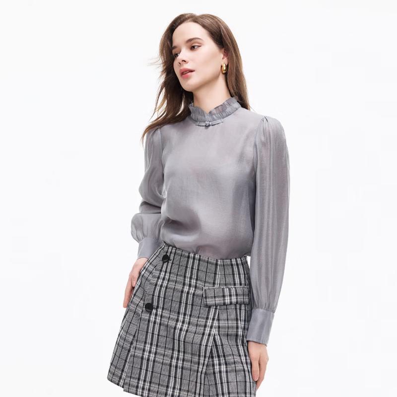 Women s Elegant Ruffle Trim Long Sleeve Blouse M