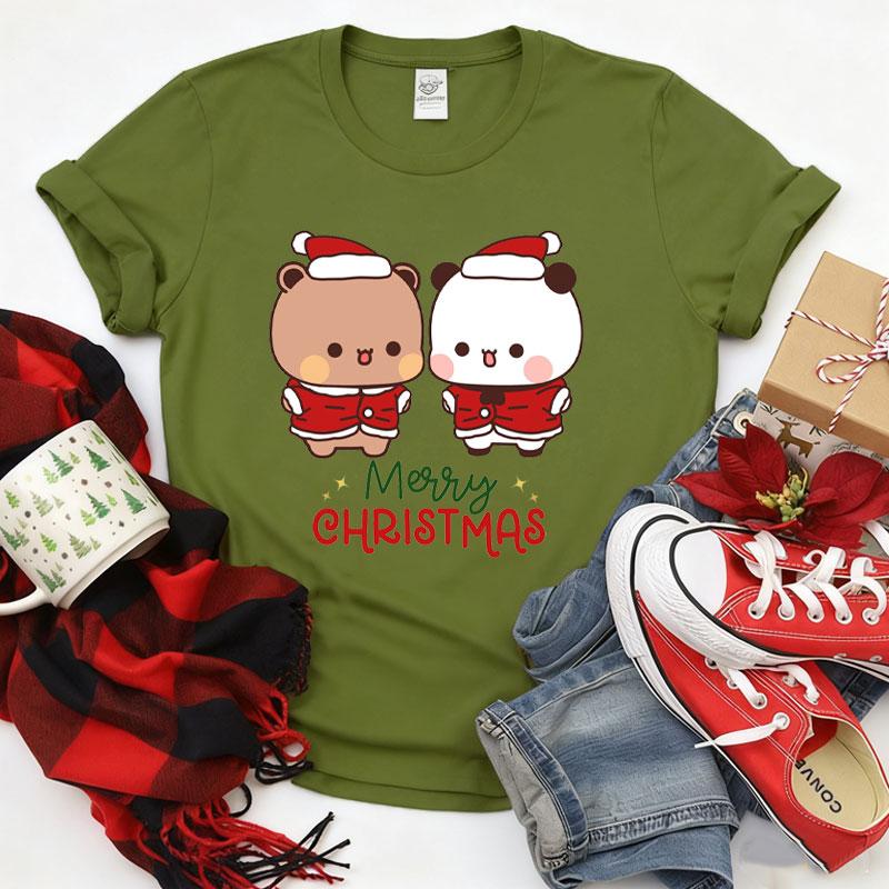 

Kawaii SnowUnisex Bubu Dudu Christmas Graphic Tshirt Trendy Funny Cartoon Panda Printing Women Shirt Fashion Holiday Cotton Tees S