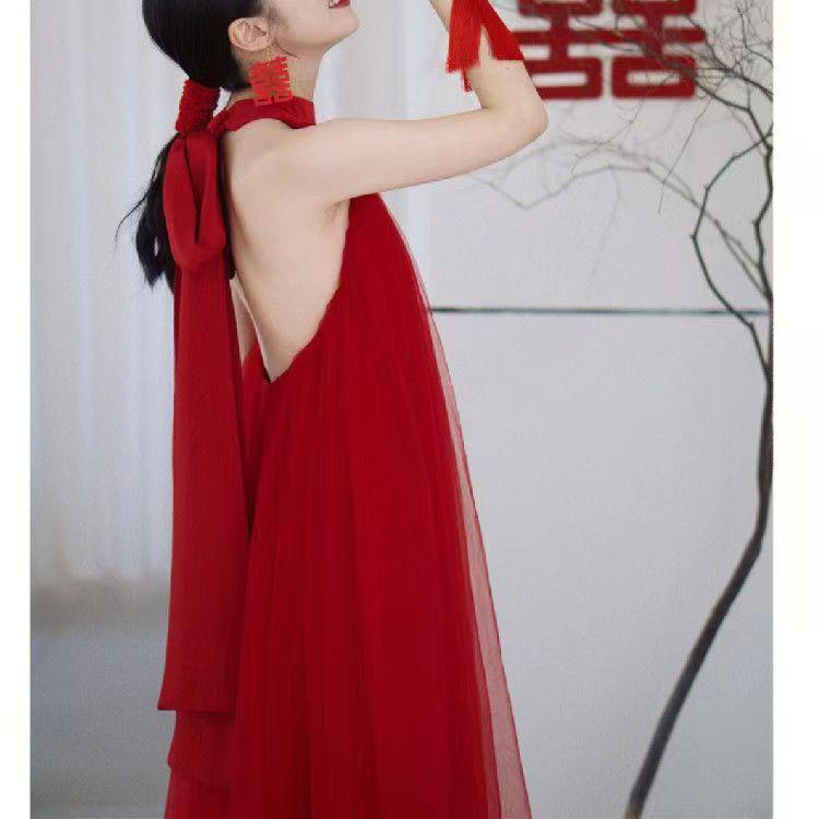 New Chinese-Style Red Backless Off-Shoulder Bridal Toast Dress with Festive Tulle