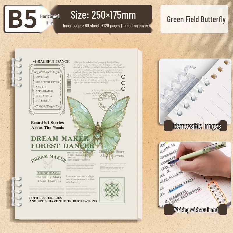 Butterfly Retro English Loose-Leaf Binder: A5 Lined Inner Core B5 Single Book with OPP Bag Packaging