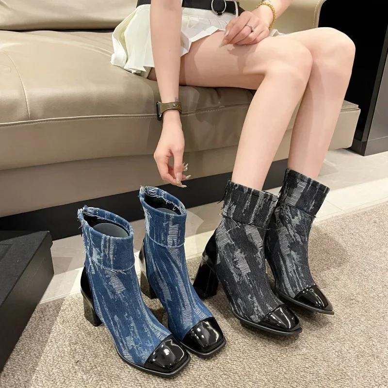 Women's Boots Canvas High-heel Short Boots Autumn Winter  Non Slip Patchwork Zipper Square Toe Windproof Fashion Boots