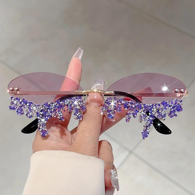 Rimless Tear Shaped Sunglasses with Rhinestones Women Fashion Decorative Shades Trendy Stylish Design Rave Sun Glasses