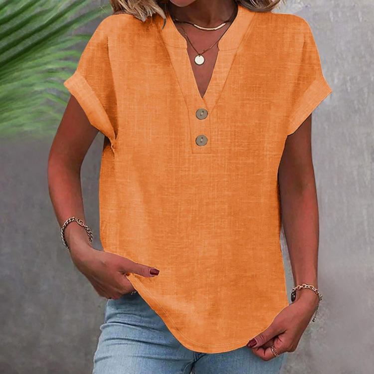 Women Casual V Neck Short Sleeve Button Down Shirt Solid Color T Shirt Top Fashion