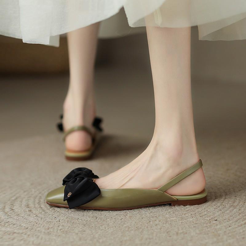 Bow Red Fashion Bag Head Sandals Women's 2025 New Square Head Temperament Low Heel Single Shoes Niche Flat Shoes