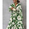 LYRIA Summer Elegant Women Maxi Dresses Fashion Green Print Long Sleeve V Neck Waist Adjustment Long Dress Female Party Vestido