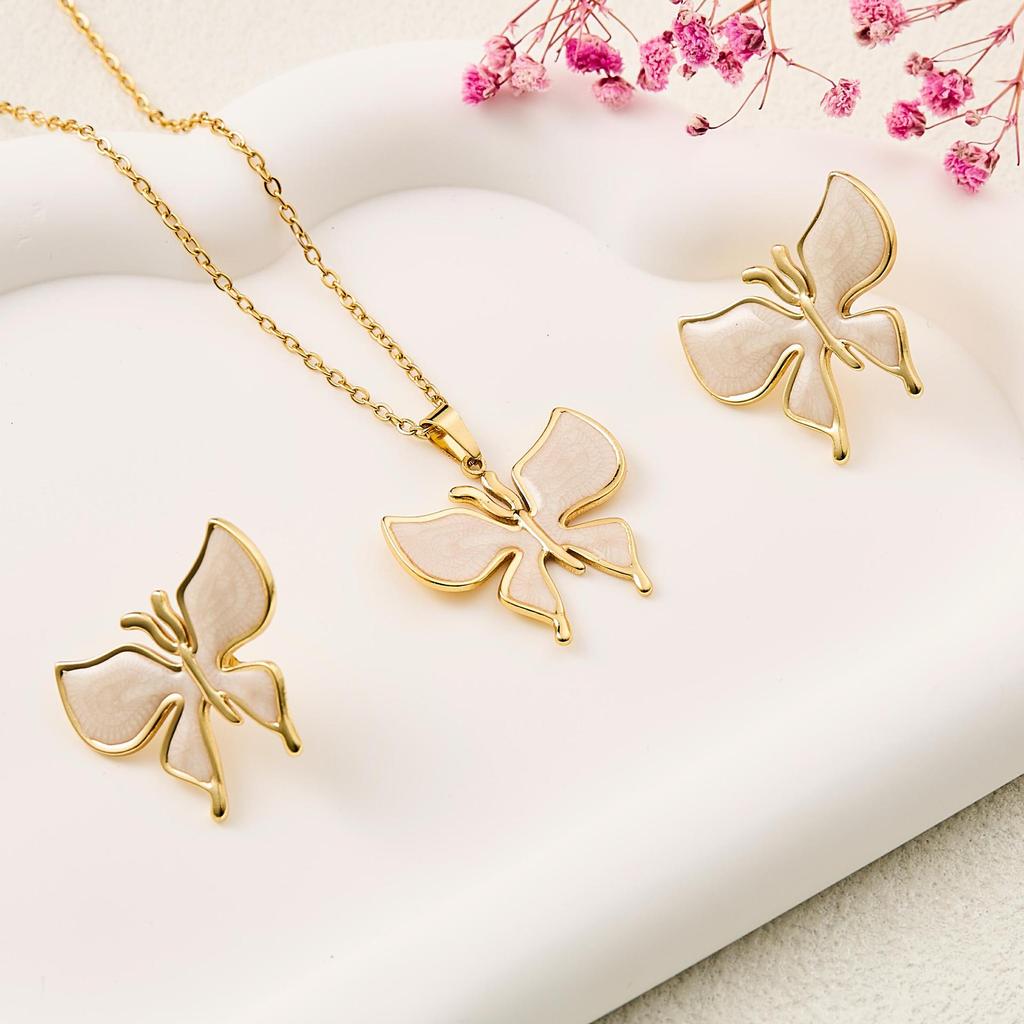 Vintage Retro Enamel Butterfly Stud Earrings & Necklace - French Court Style