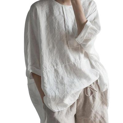 Rundhalsausschnitt Baumwolle Leinen Kurzarm Damen Bluse Baisc Lose Top 5 Farben 8 Größe Tops Shirts Blusen