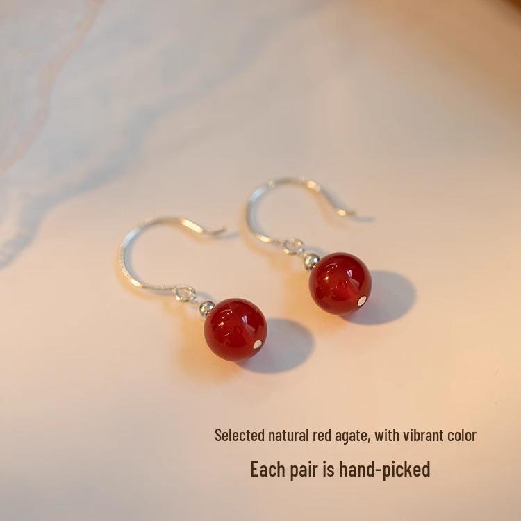 Hetian Jade and Red Agate Earrings - S925 Silver, Vintage High-End Design for Women, Autumn/Winter 2023