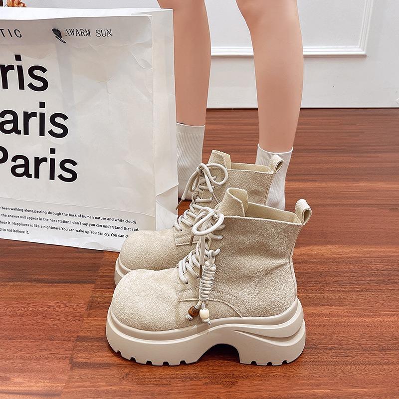 Retro thick-soled heightening Martin boots women's autumn new fashion Maillard slim short boots lace-up big yellow boots