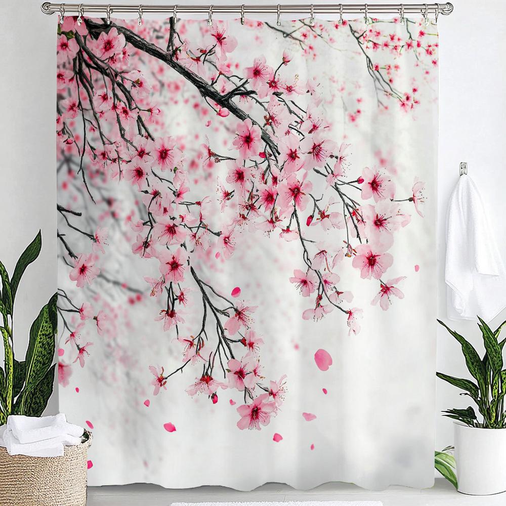 Spring Flowers Shower Curtain Floral Bathroom Curtain Romantic Refreshing Curtain, Printed Polyester Shower Curtain With Hooks
