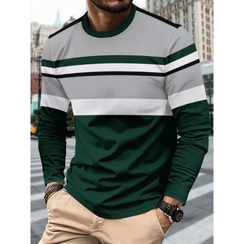 Men's Casual Striped Printed T-shirt 3D Printed Breathable Quick-drying Round-neck Long-sleeve T-shirt, Simple Style Workwear