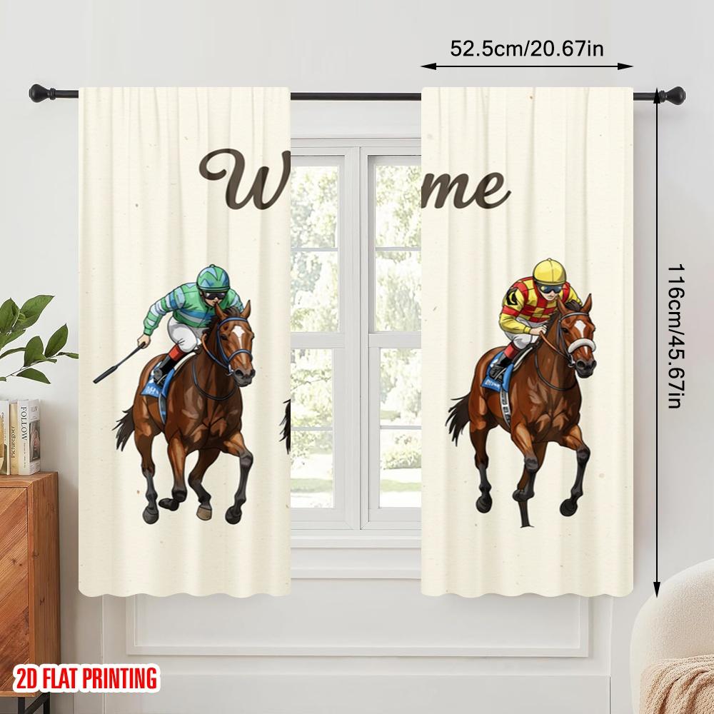 2 st 2D plattryckta Fönstergardiner Välkommen Hästkapplöpning Jockeys 100% Polyester Utan El Semesterdekorationer