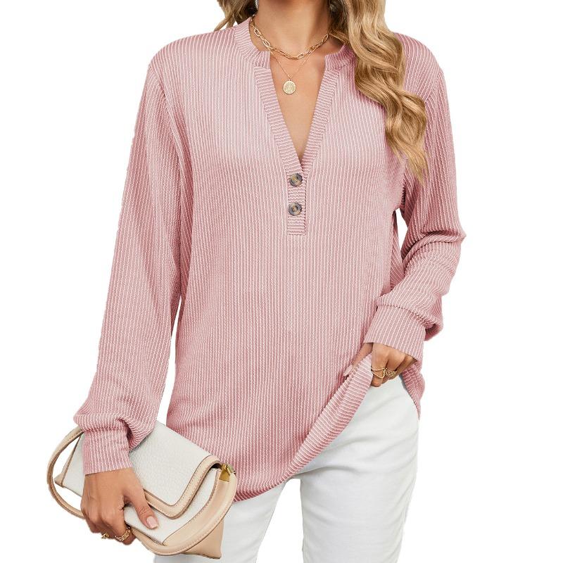 Spring and Autumn Women's Blouse Button Loose V-Neck Striped Long Sleeve Top