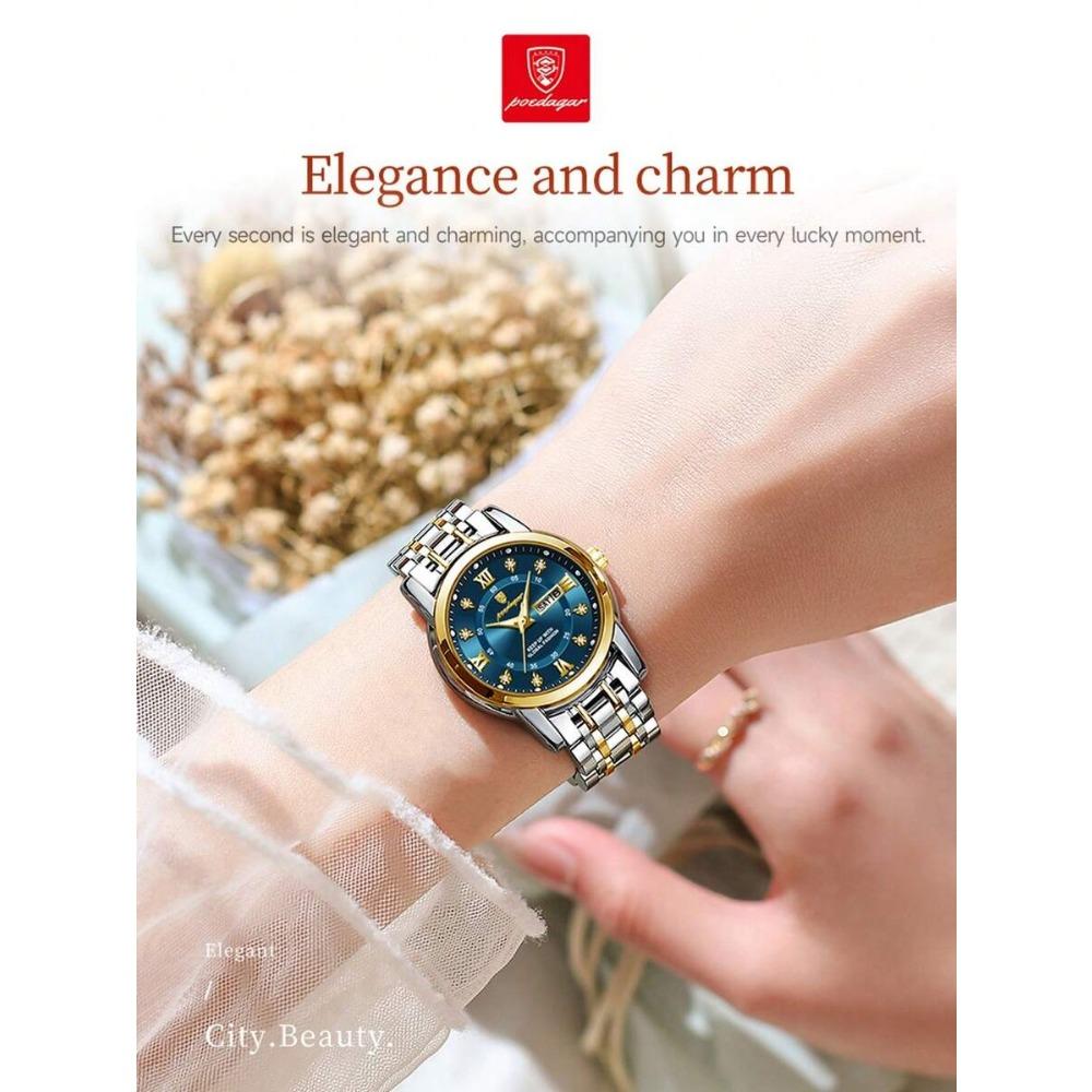 POEDAGAR Damen Edelstahl Dail Elegante Wasserdichte Leuchtende Quarz Datum Armbanduhren, Modische Damenuhr