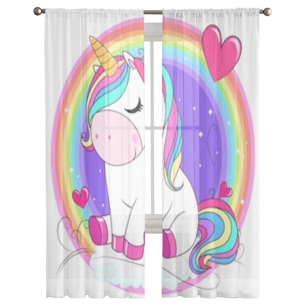 Cute Unicorn With Rainbow Sheer Window Curtains For Living Room Bedroom Modern Voile Tulle Curtains Fabric Drapes For Kitchen