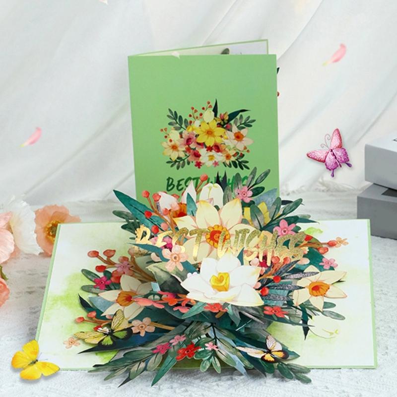 3D Popup Colorful Flower Celebration Card Foldable Paper Card with Envelope Handmade Florals Greeting Card for Mother