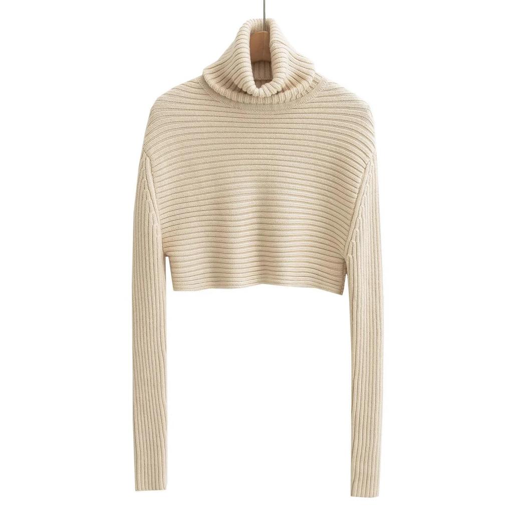 Retro High-Neck Thick Knit Sweater – Slimming Ribbed Top for Women