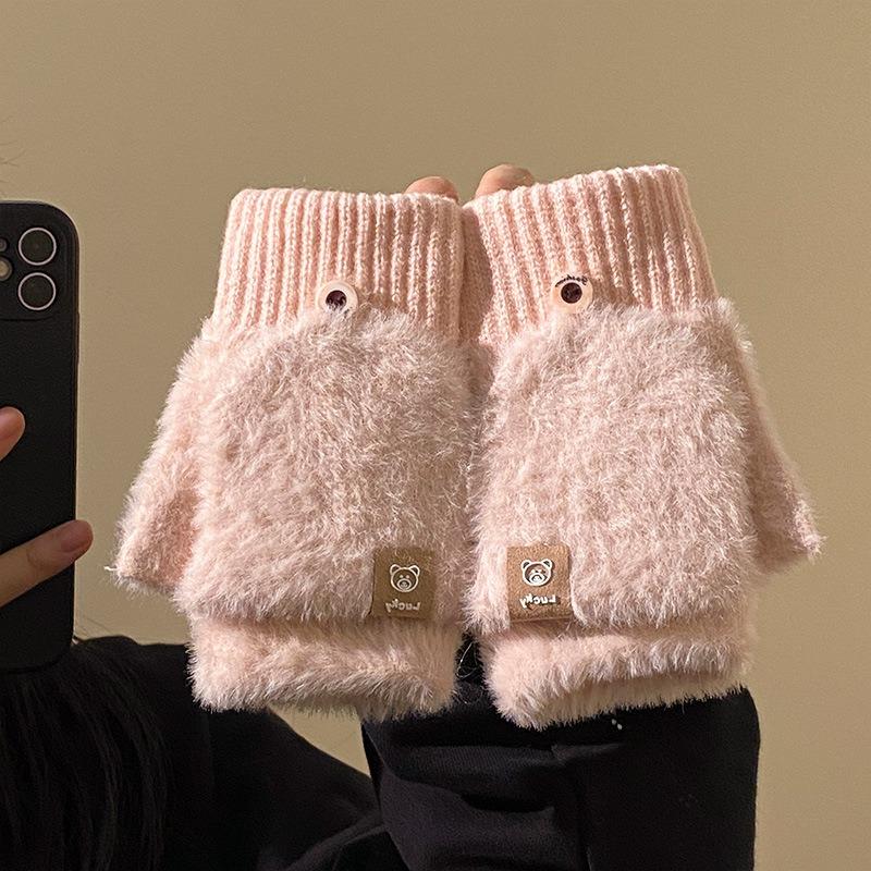 Open finger can be flipped half finger white plush gloves female autumn and winter thickened warm student writing riding