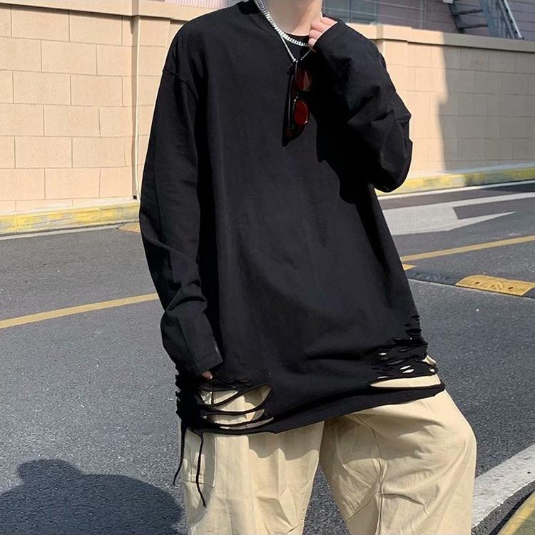 spring autumn oversized t-shirt for men harajuku solid hole T Shirt men's Pullover t-shirts long sleeve y2k Tops hip hop streetwear