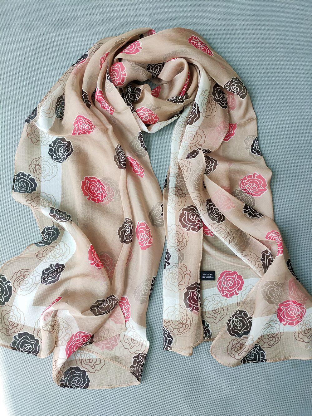 

[BYSIFA] 100% Silk Chiffon Scarf Female Brand Leaves Design Grey Khaki Long Scarves Beach Shawls Fall Winter Women Neck Scarves