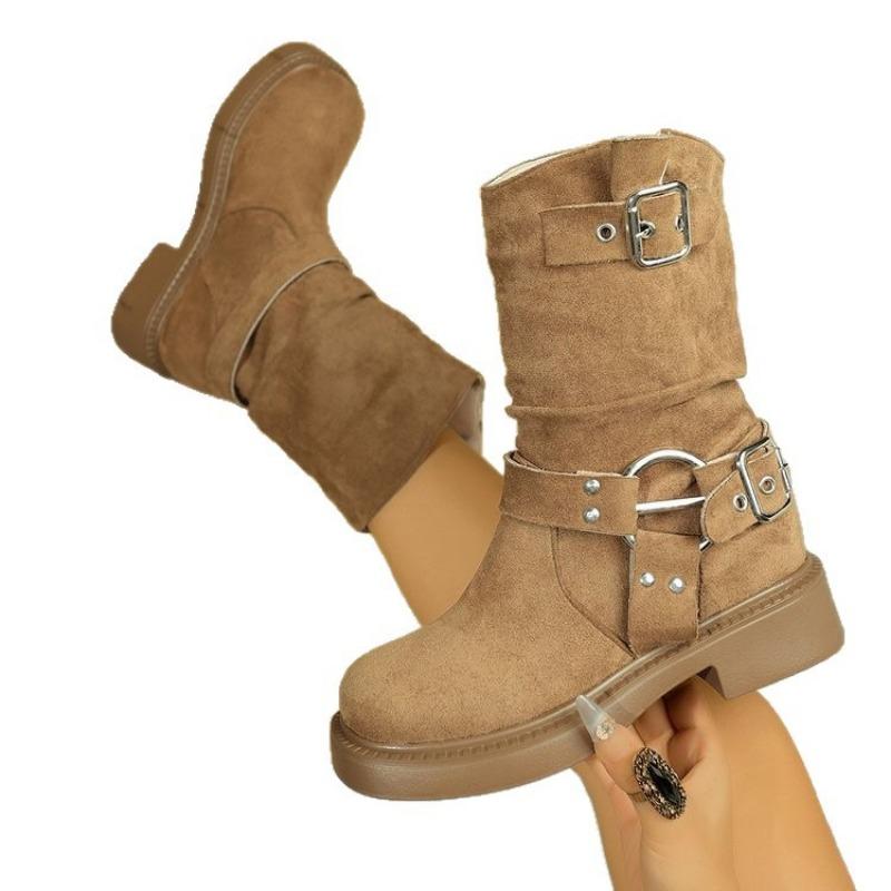 Large Size Double-breasted Western Cowboy Style Knight Boots Fall and Winter New Mid-leg Knee-length Women's Boots