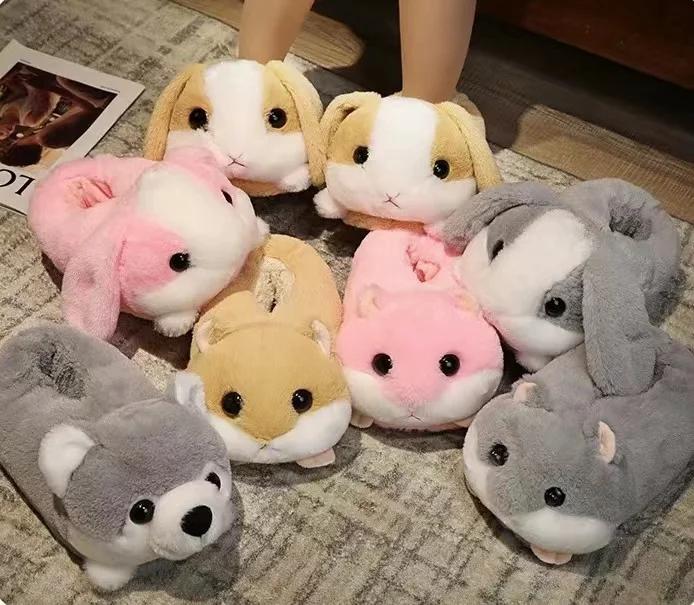 Fashion 7 Colors Cute Cartoon Animal Plush Slippers Husky Dog Hamster Rabbit Bunny Soft Stuffed Shoes Warm Winter Indoor Slides