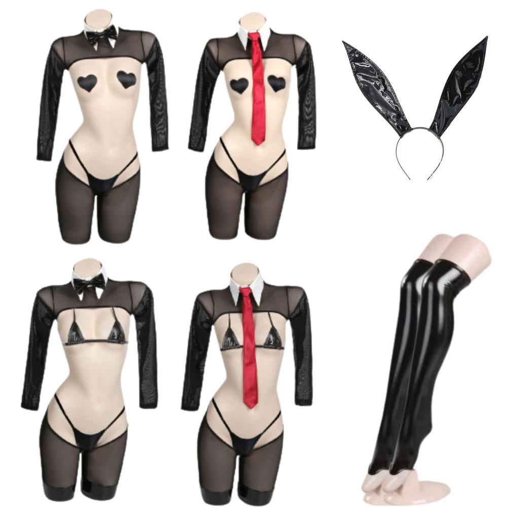 Reverse Bunny Suit Bunny Girl Enamel Cosplay Sexy Rabbit Lingerie Costume L Size Black Rabbit Luxurious Set PU Bodycon High Leg Leotard Rabbit Ears