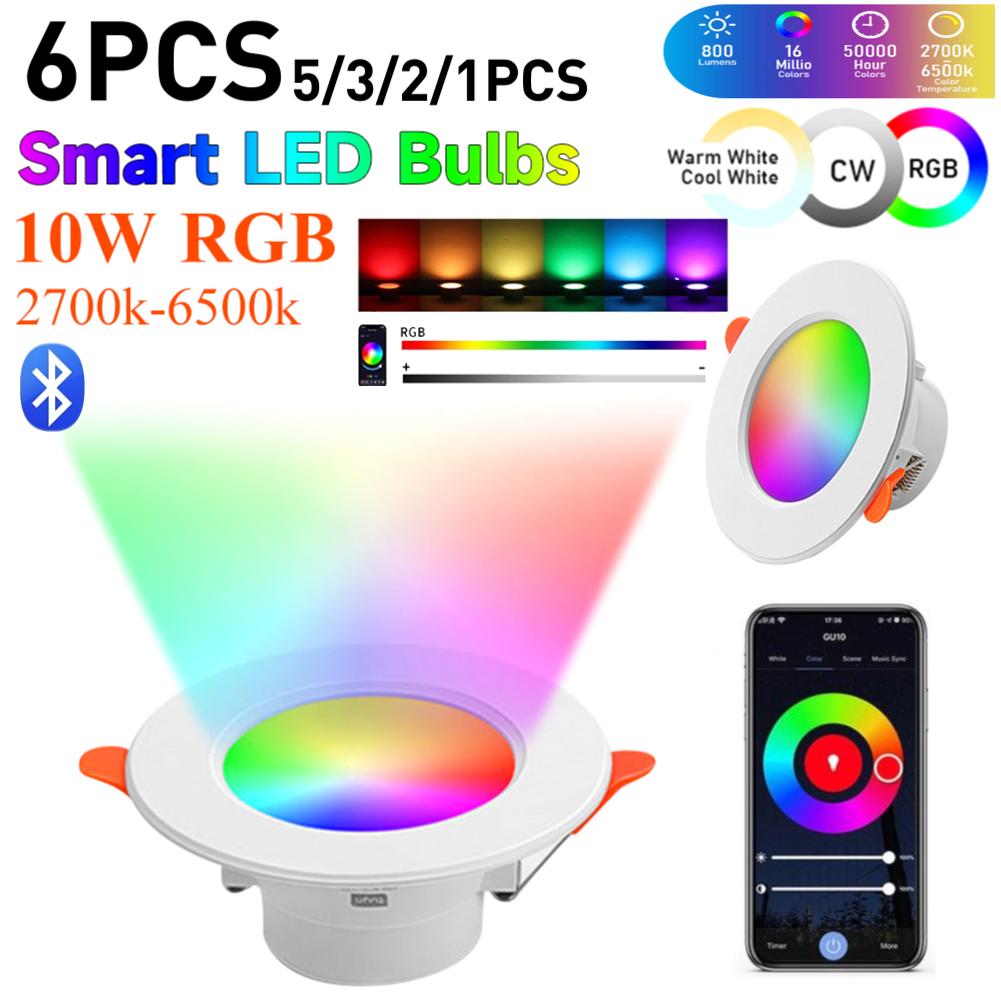 10W RGB Smart Spotlight Bluetooth-Compatible Recessed Ceiling Lamp Dimmable Round Panel Light 2700K-6500K for Home Lighting