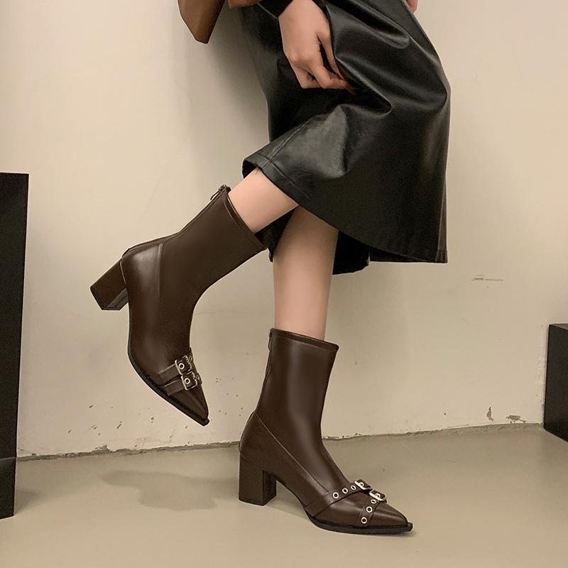 Dámské špičaté kotníkové boty na silném podpatku Podzim Zima Pohodlné Měkká kůže Krátké boty Dámské Jednobarevné Nazouvací Botas Mujer