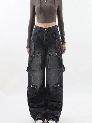 Vintage Black Gothic Y2k Cargo Jeans Women Wide Leg Denim Pants Oversize 2000s High Waist Jeans Ladies Korean Fashion Design Chic Baggy Trousers 2024