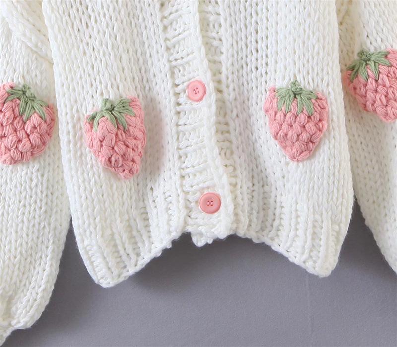European & American New Strawberry Knitted Cardigan: Women's V-Neck Loose Lantern Sleeve Sweater