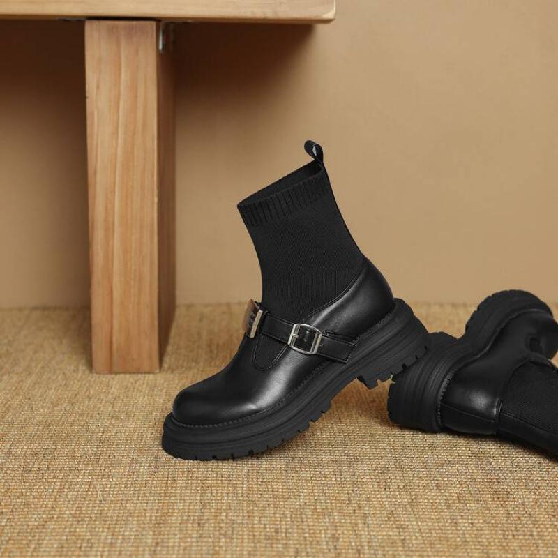 Autumn and winter women's medium heel thick-soled knight boots women's comfort sleeve medium boots leather women's boots Korean version large